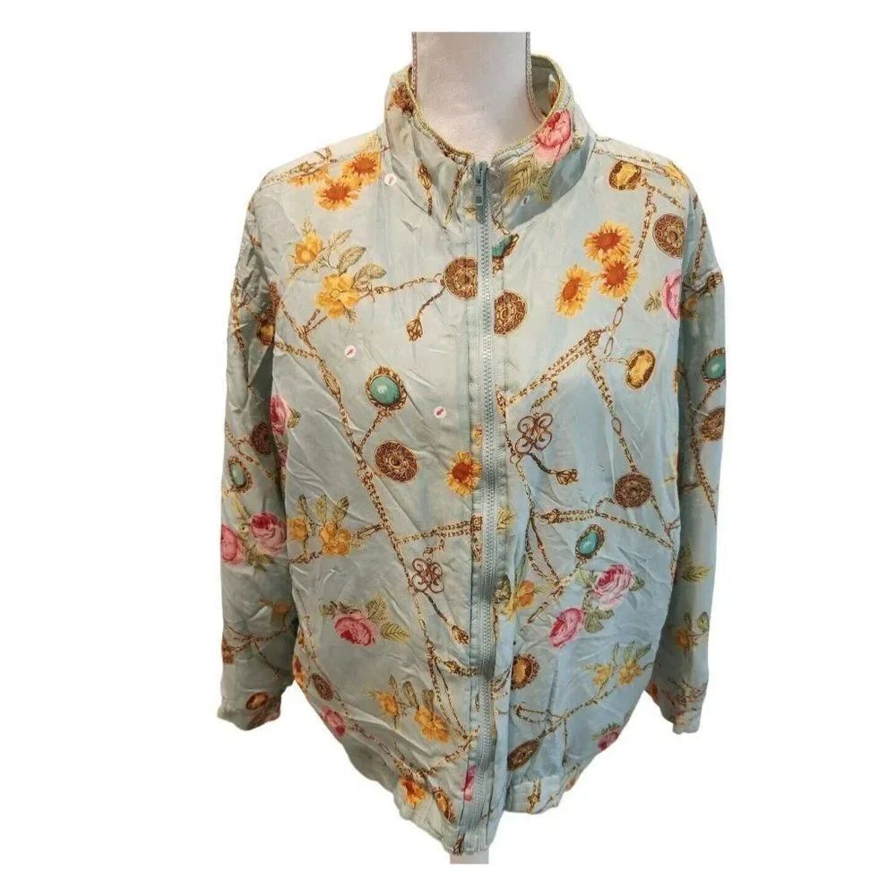 Vintage 90s Avon Silk Floral Turquoise Bomber Jacket L Baroque Jeweled Blue